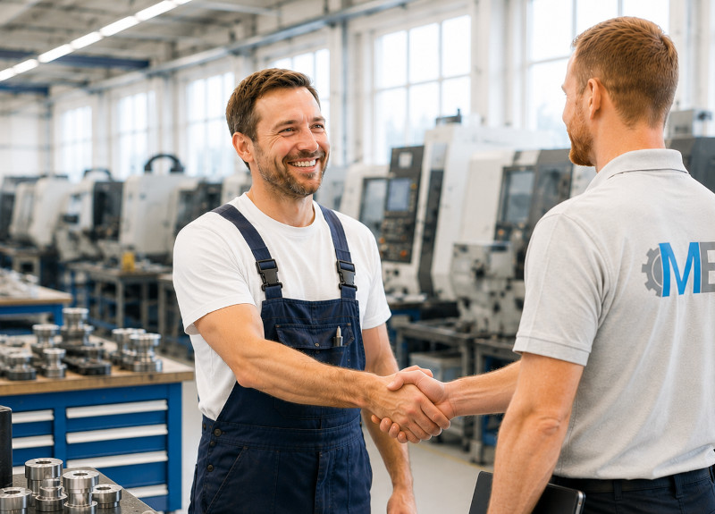 M + E Industrieservice Mitarbeiter schüttelt zufriedenem Kunden die Hand
